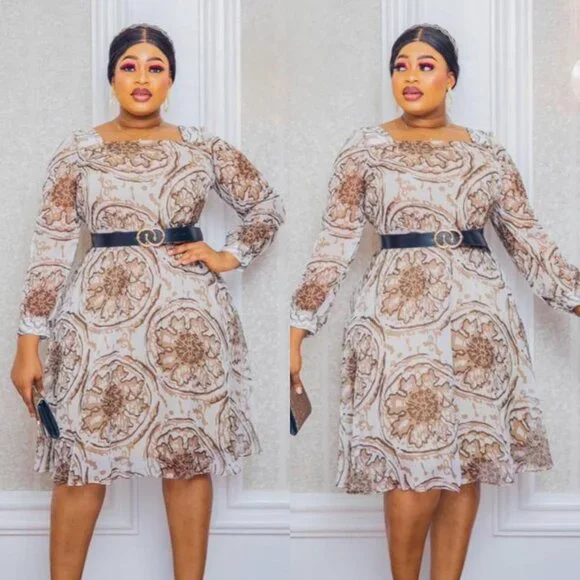 Elegant Floral Patterned Knee-Length Dress with Belt – Beige and Gold Accent - Picture 1 of 1